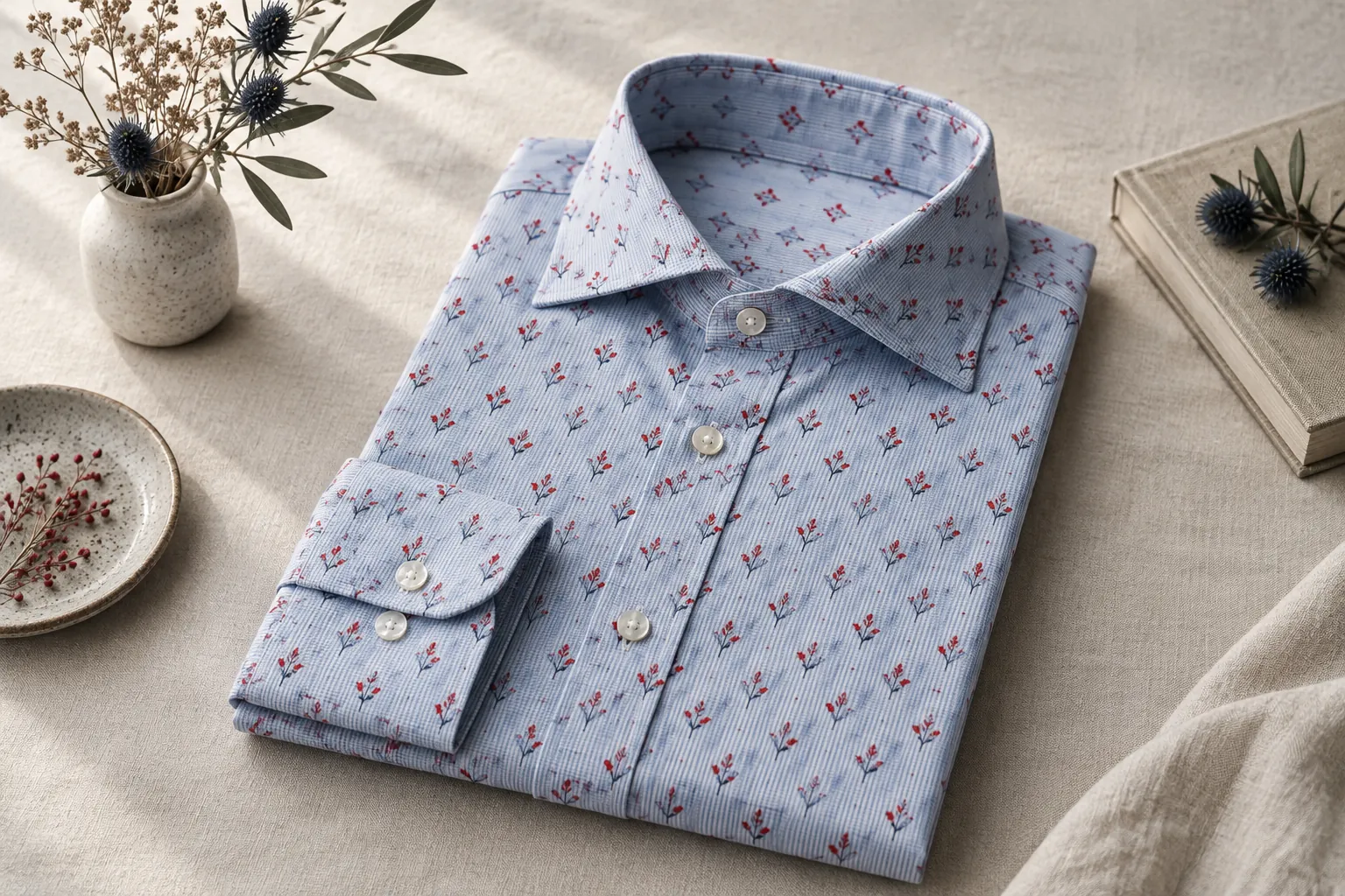 Camicia in fil-à-fil con un piccolo motivo stampato rosso, piegata.