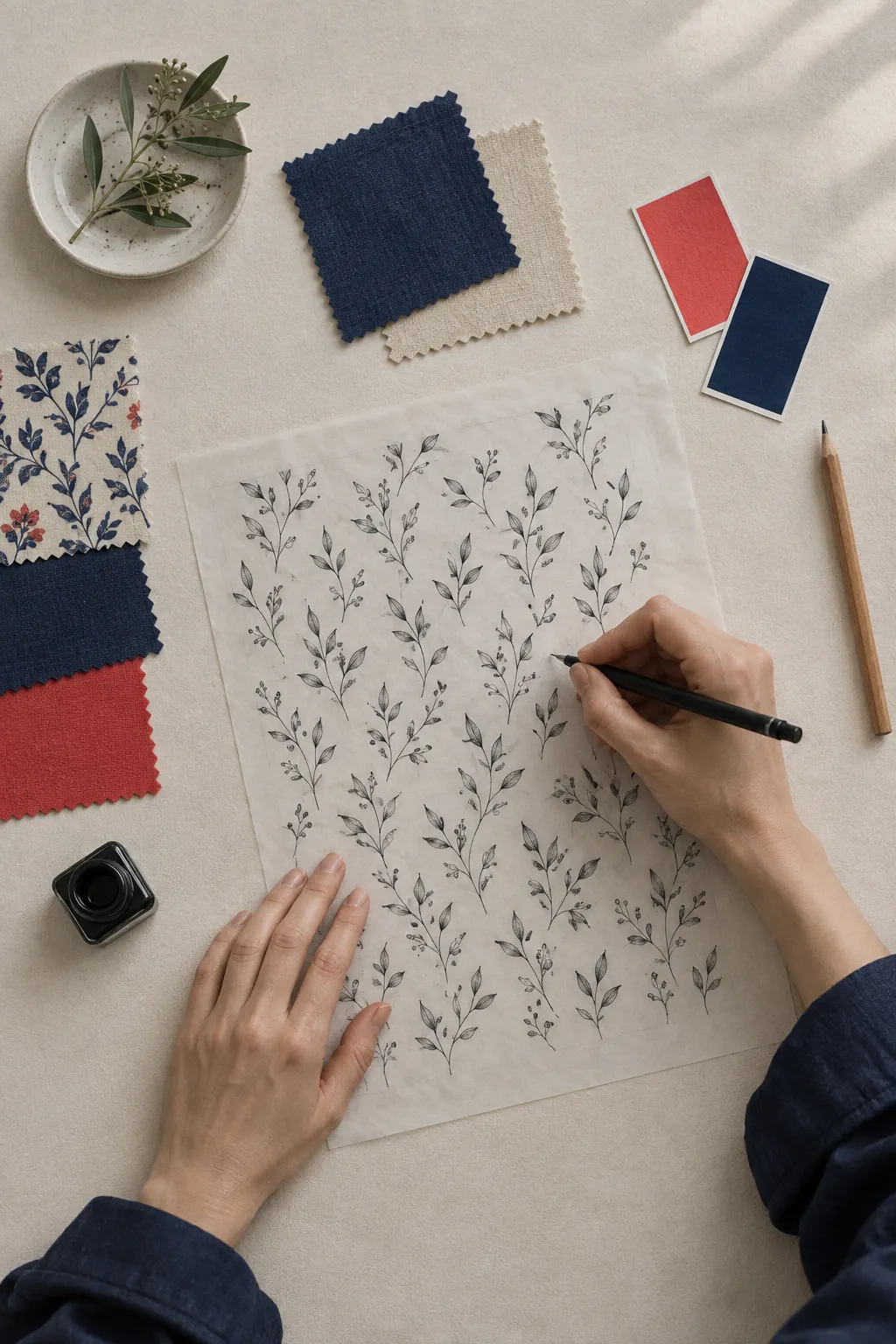 Le mani di una stilista disegnano a inchiostro un motivo botanico su carta da lucido, accanto a campioni di tessuto.
