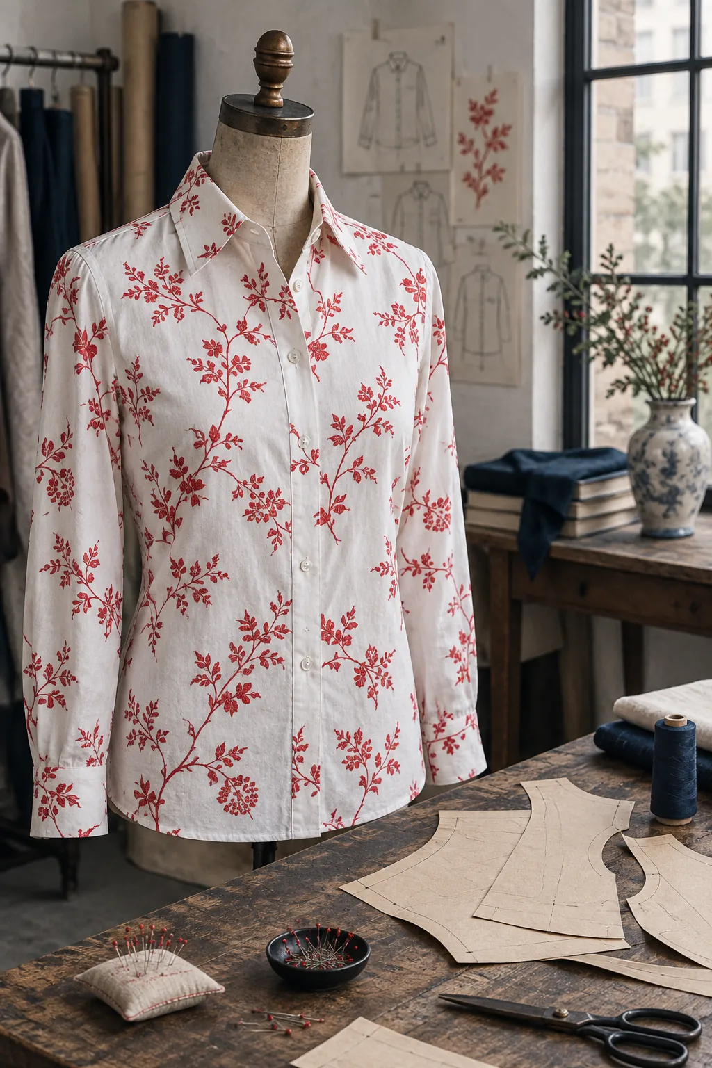 Camicia bianca con stampa botanica rossa su un manichino sartoriale, con cartamodelli sul tavolo.